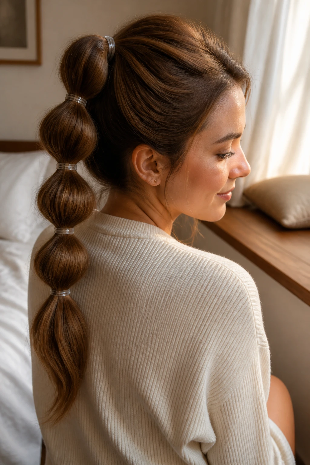 Close-up of a real woman's head showing a bubble ponytail with puffed elastic segments along the ponytail.