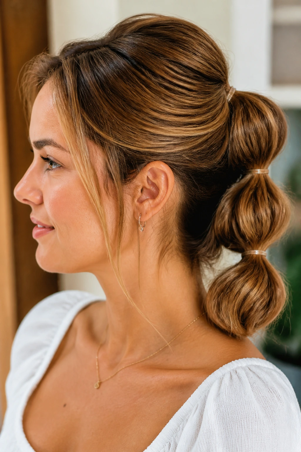 Close-up of a real woman with a bubble ponytail showing distinct rounded bubbles