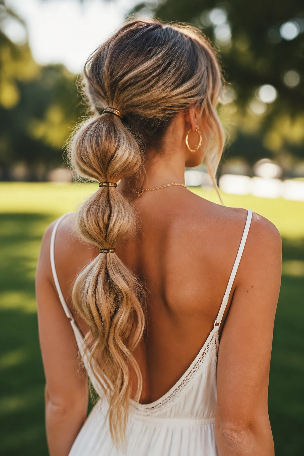 Back view of real person with bubble ponytail and beachy bends