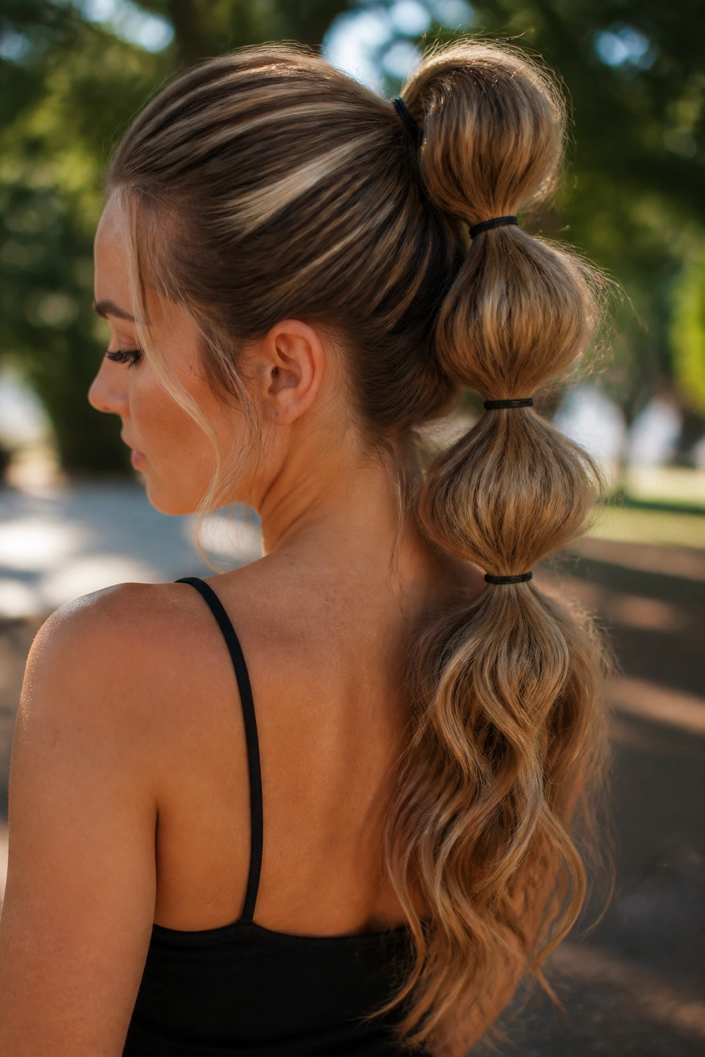 Bubble ponytail with wavy sections on a real woman in outdoor light.