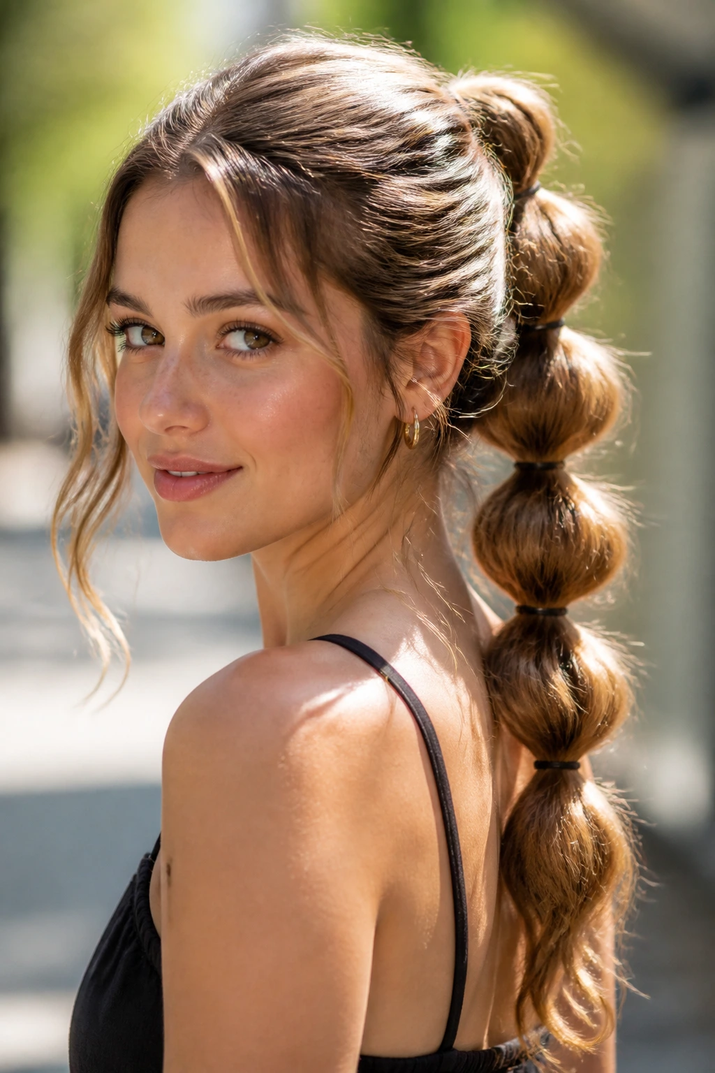 Close-up of a real woman with a bubble ponytail on wavy hair