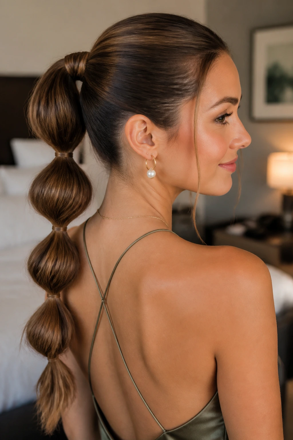 Close-up of a woman with a bubble ponytail wrapped sections