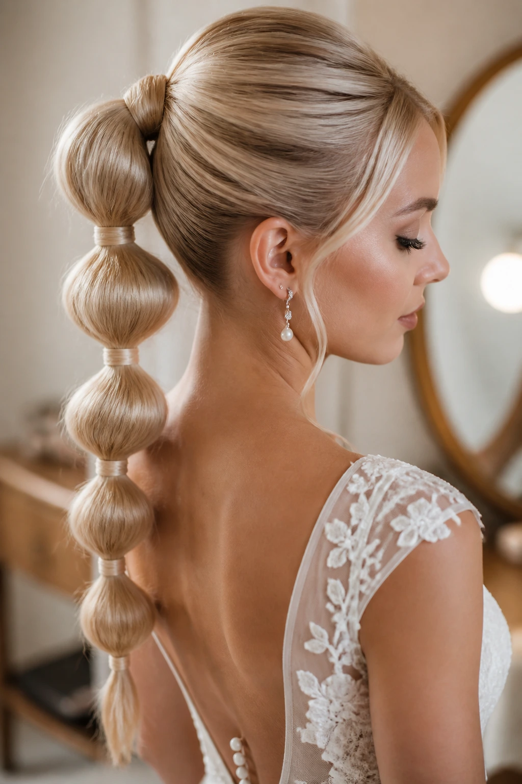 Close-up of a real bride's bubble ponytail with wrapped sections