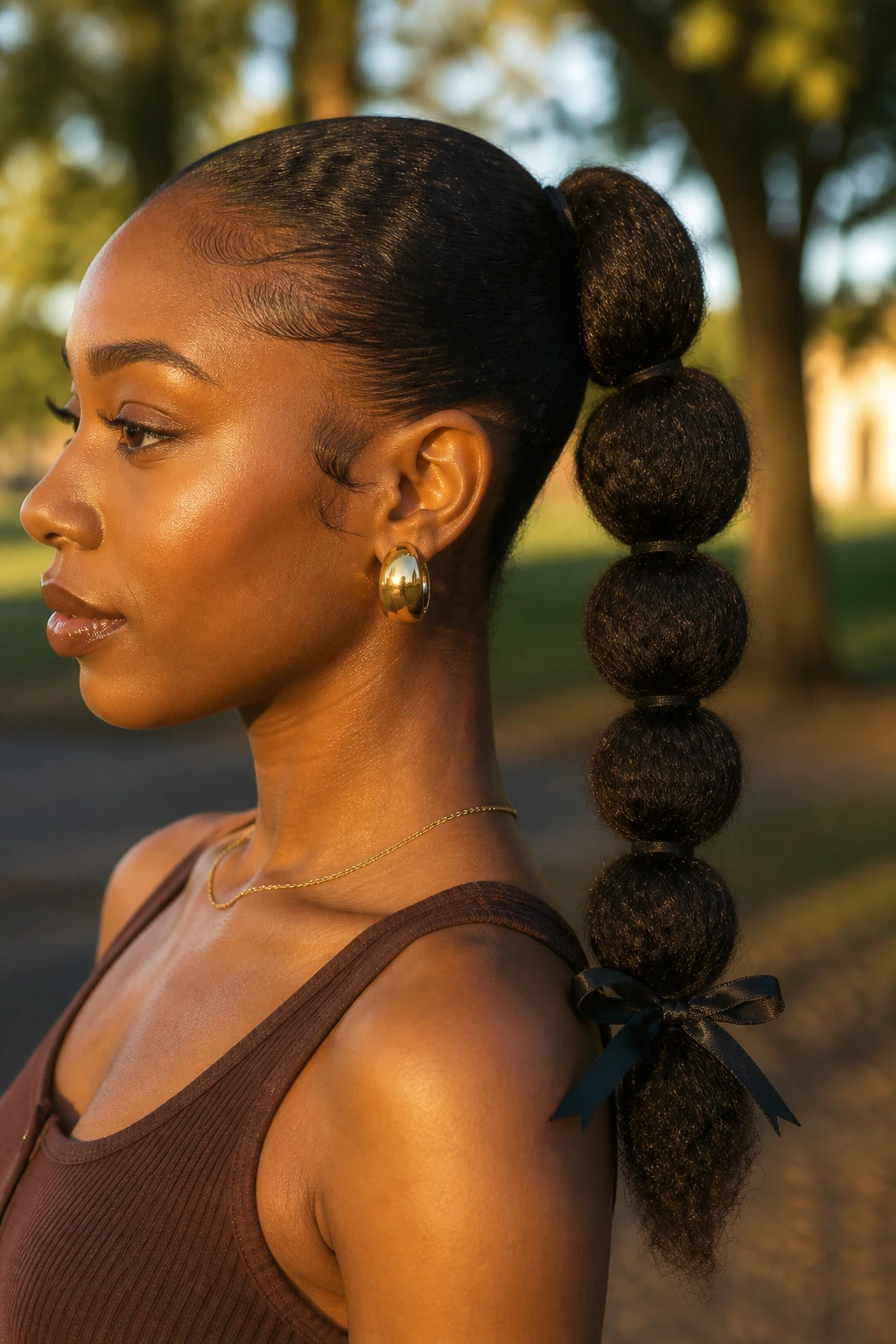 Close-up portrait of a real woman with a bubble puff ponytail hairstyle