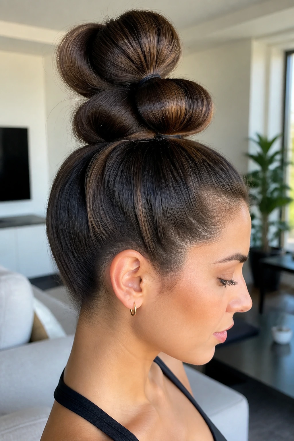Close-up of a real woman with a bubble-section bun showing segmented rounded sections.