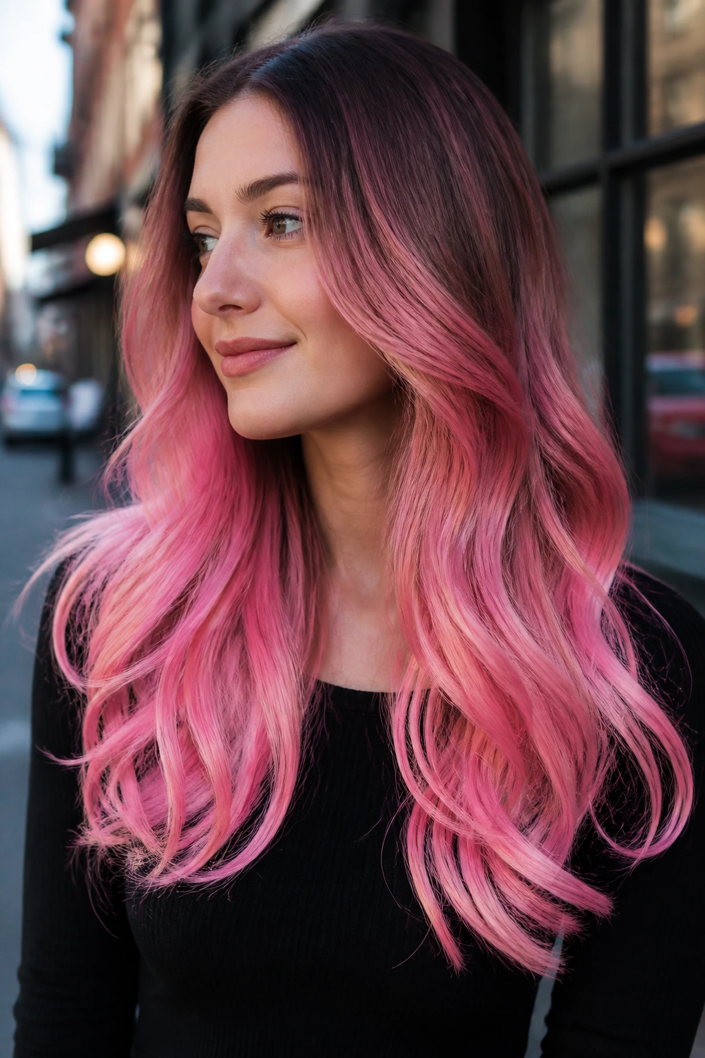 Real woman with bubblegum ombre hair gradient