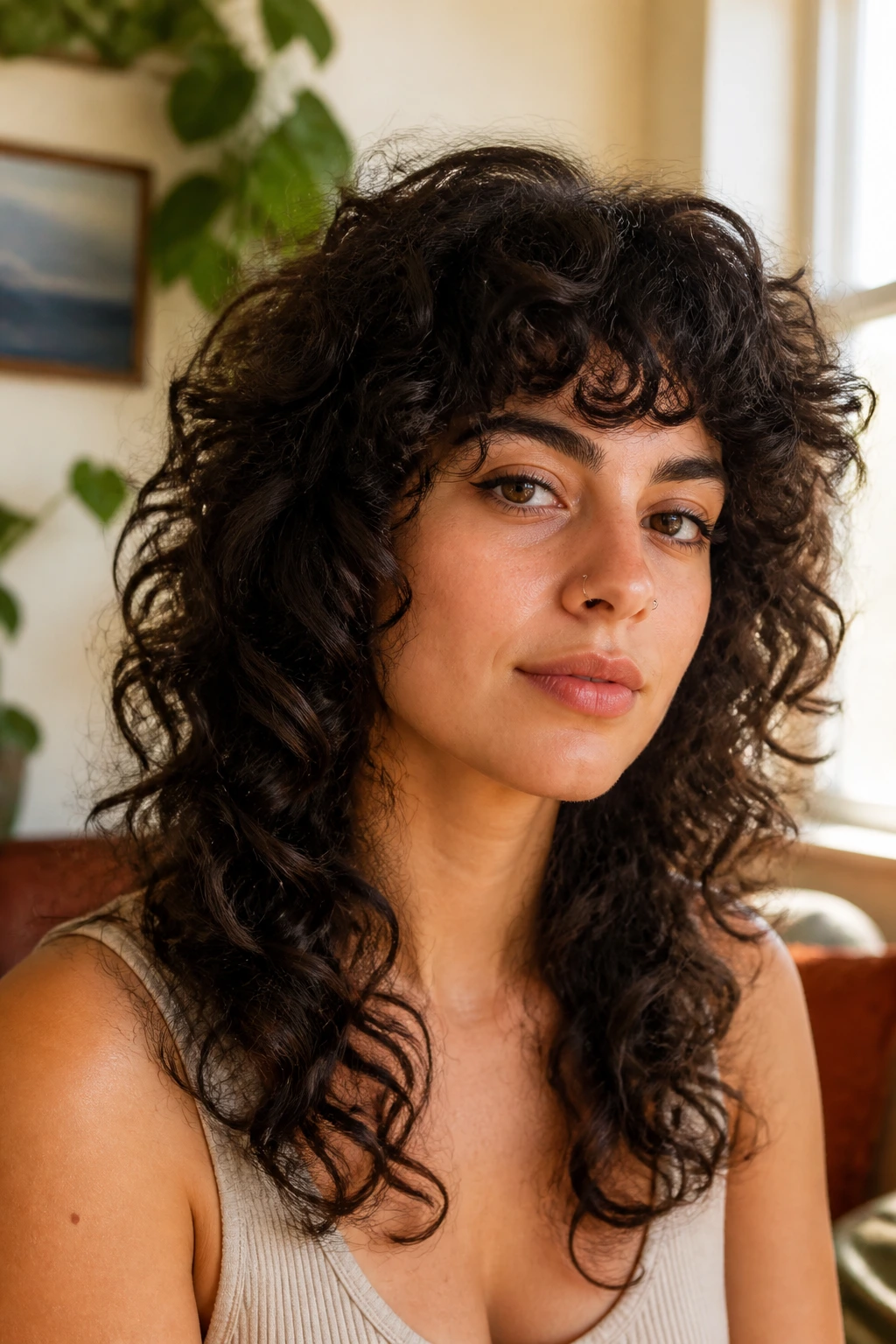 Close-up of a real woman with Bulk-Buster Wolf hairstyle and thick curly hair