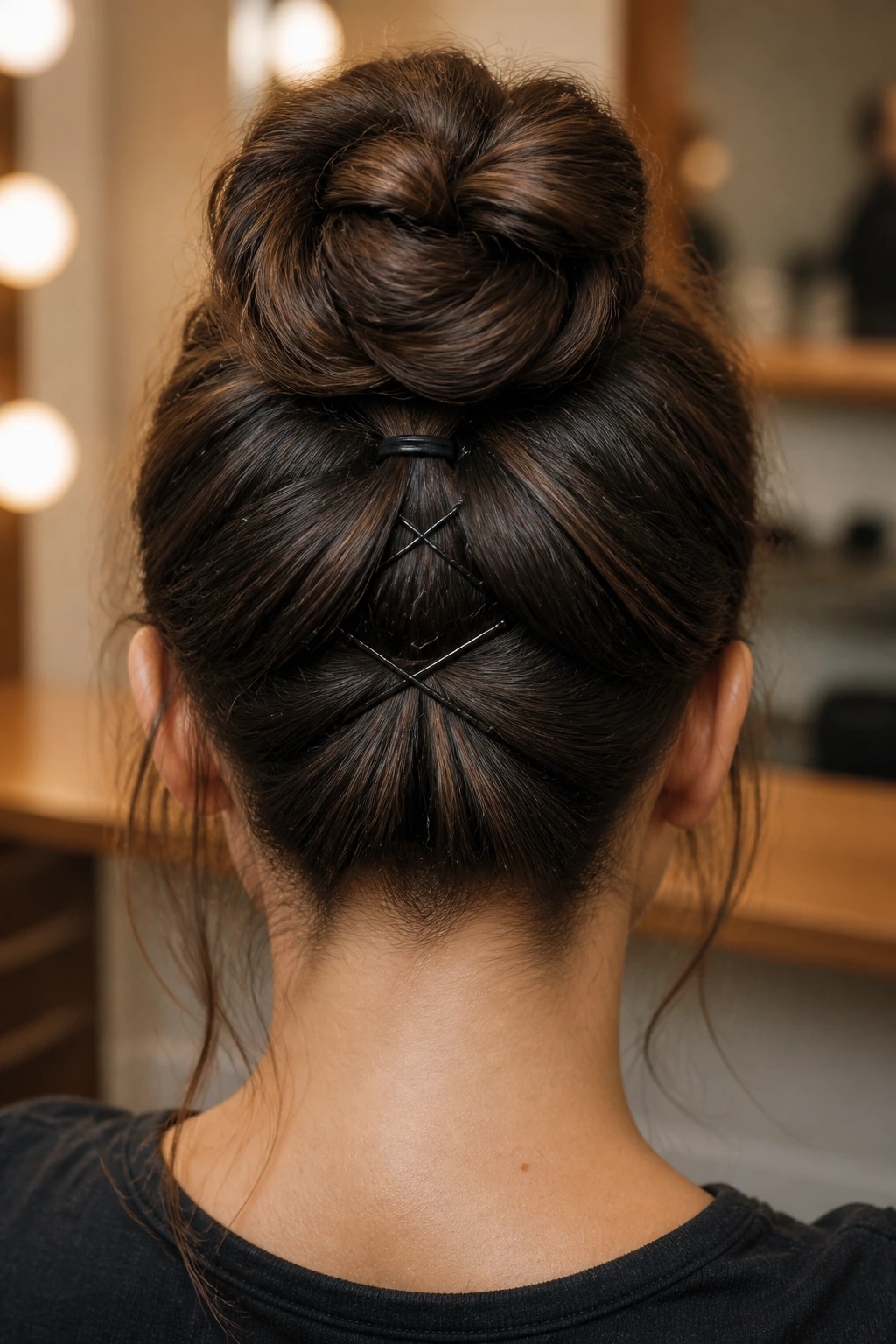 Back view of a real person with a double-anchored bun secured by two elastics