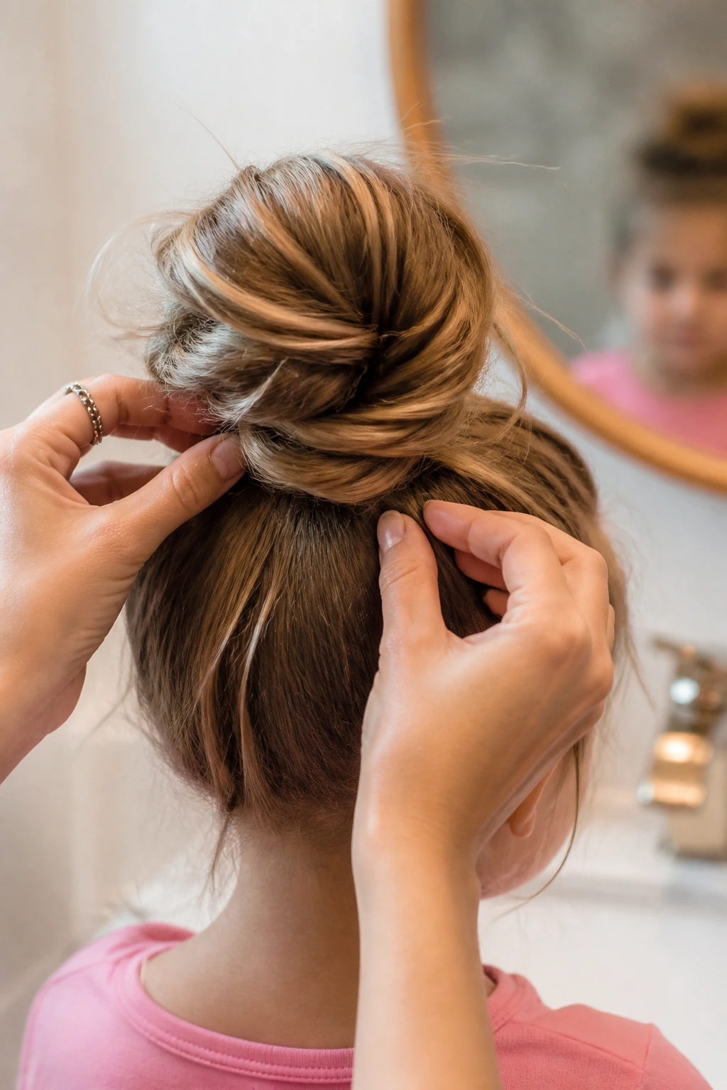 Close-up of a bun being adjusted to create lift for longer wear