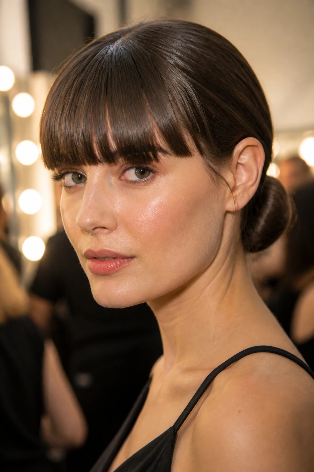 Close-up portrait of a woman with a sleek low bun and straight fringe