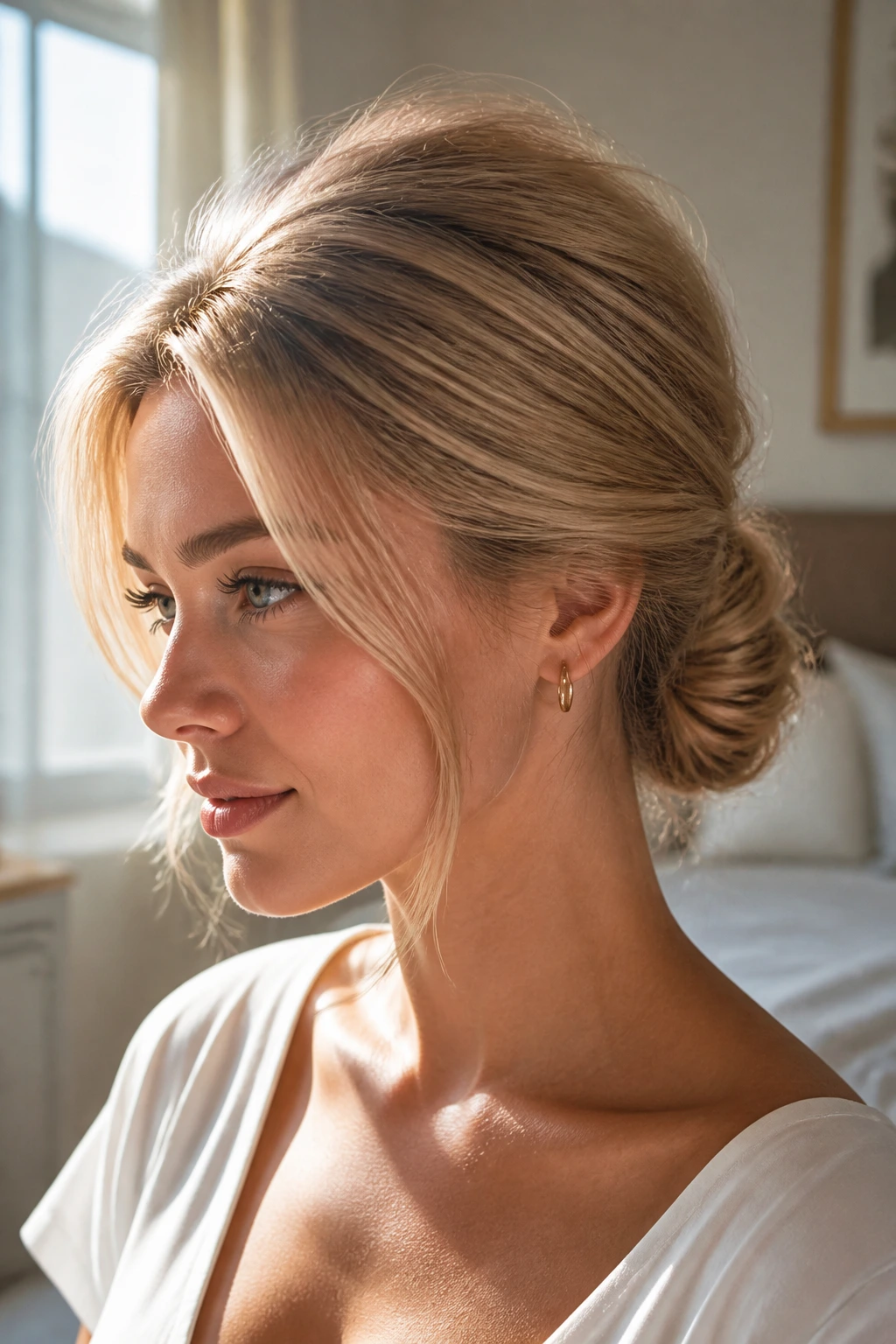 Close-up of a real woman with a lifted low bun and soft face-framing pieces in sunlit bedroom