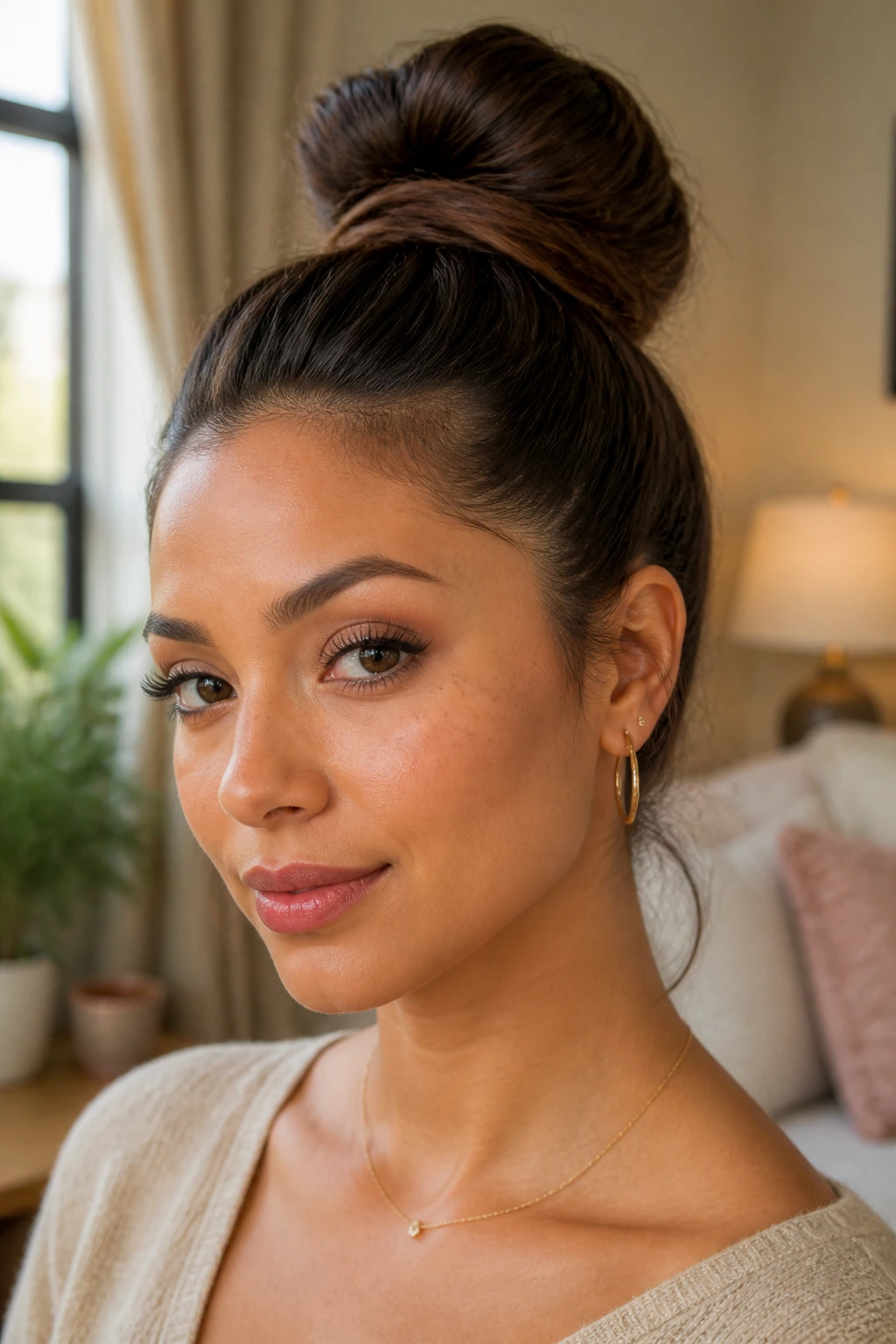 Close-up portrait of a real woman with a high bun matching her hair type and face shape