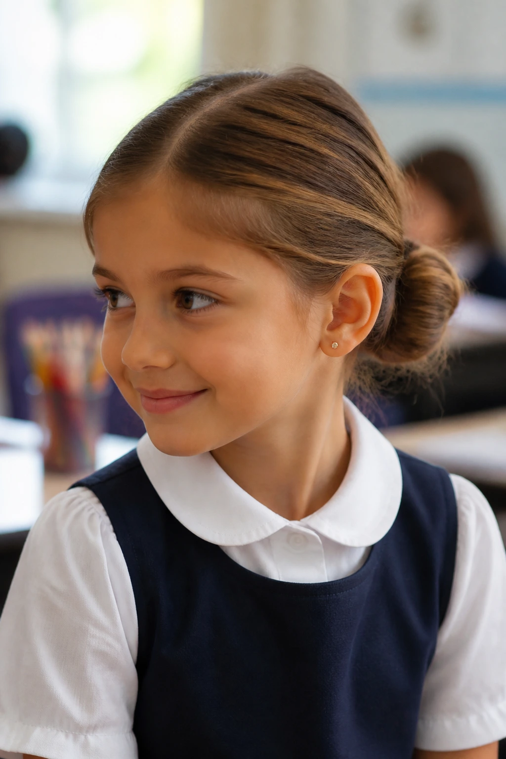 Portrait of a child with a low bun in a classroom setting
