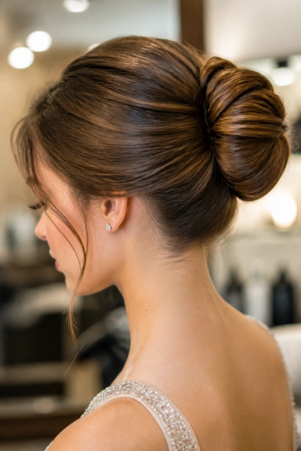 Portrait of a person with a sleek bun prom hairstyle in a salon-like setting
