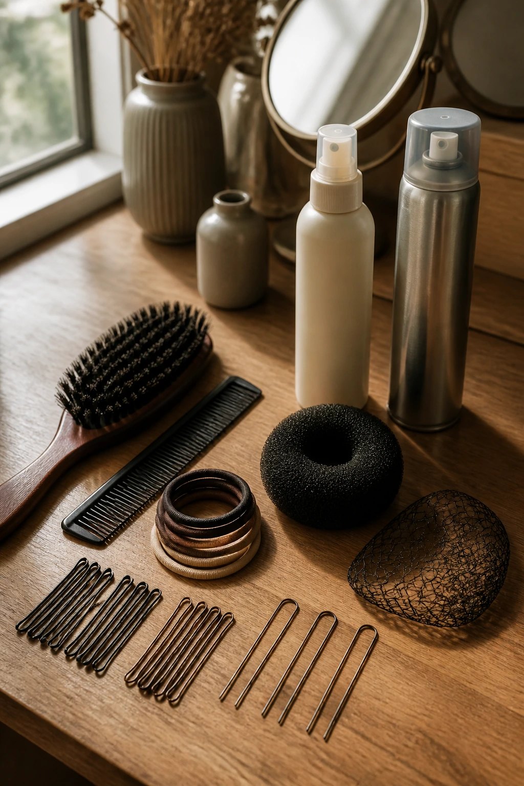 Close-up of a bun toolkit neatly arranged on a wooden vanity.
