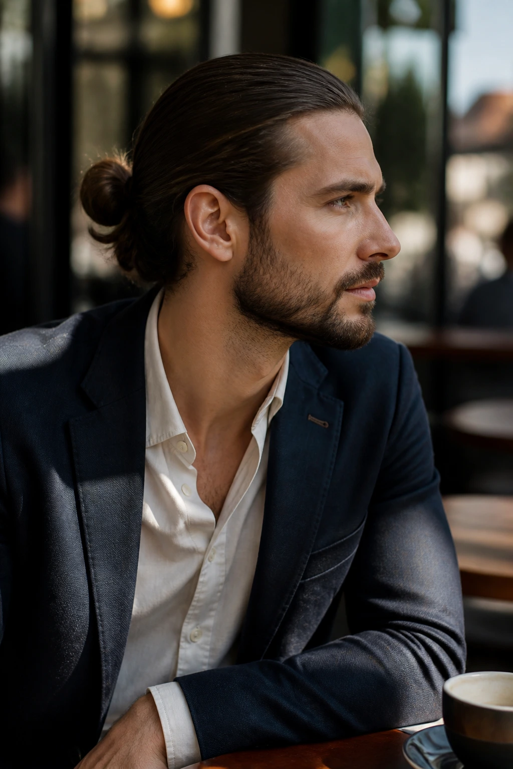 Portrait of a man with a low bun in smart-casual attire in an outdoor cafe