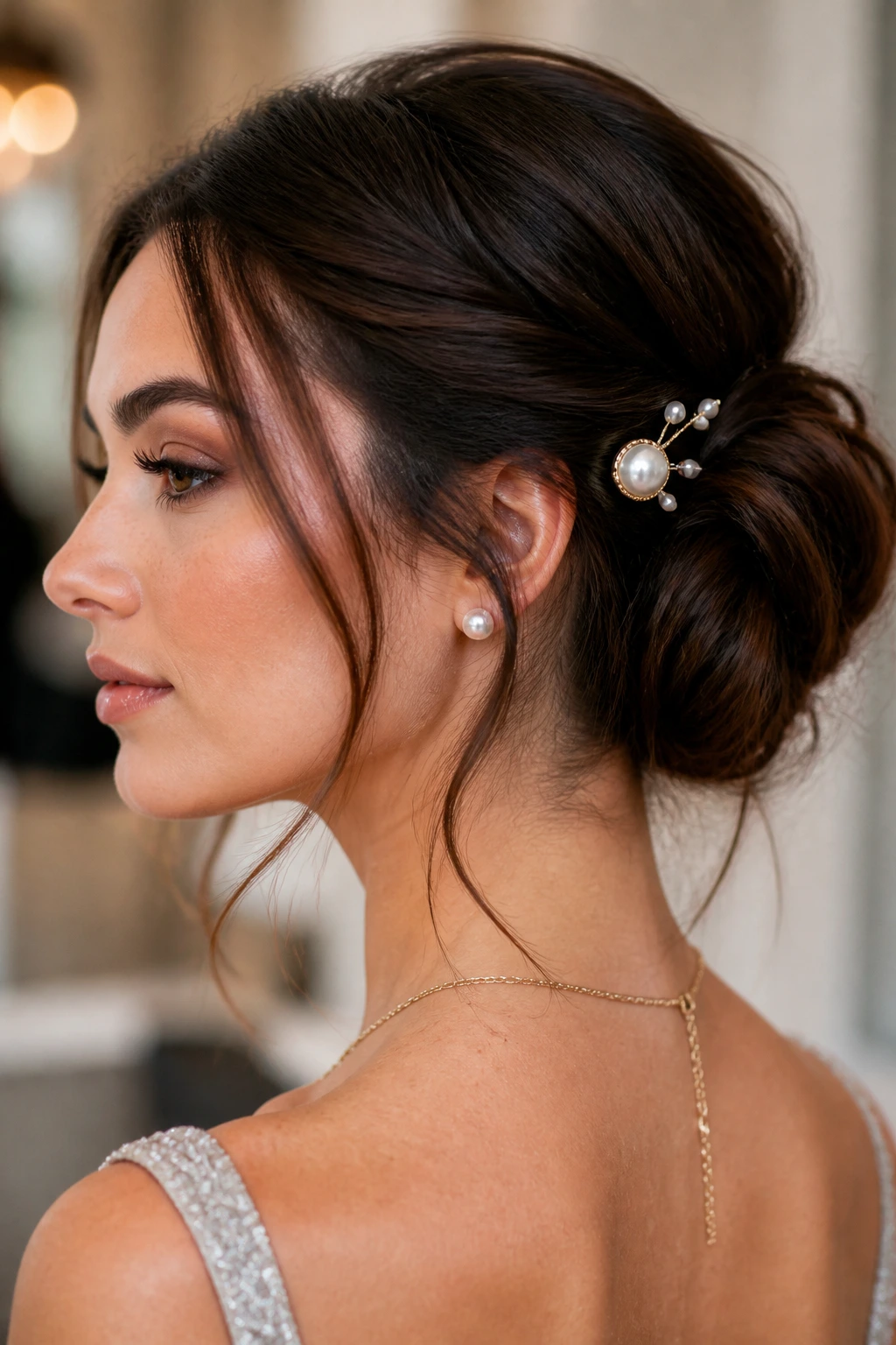 Close-up of a real woman with a bun accented by pearl pins
