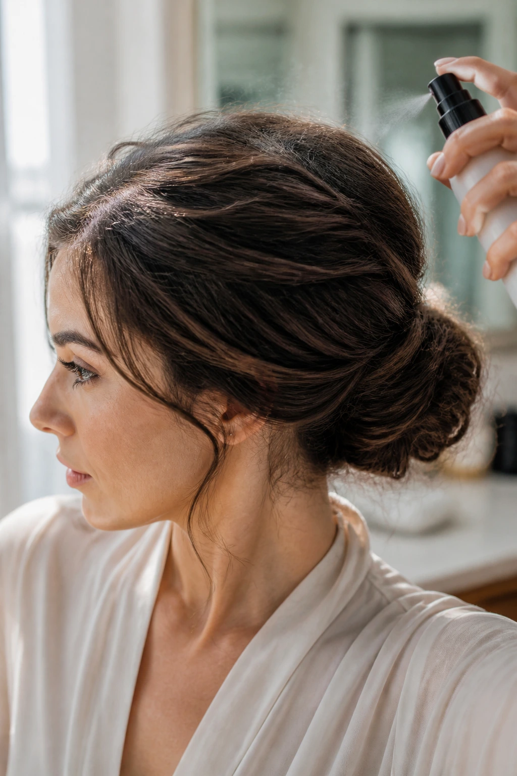 Bridesmaid bun prep visuals in bright bathroom with textured roots