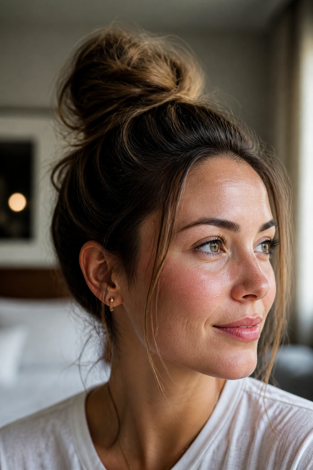 Close-up of a real woman with a bun showing texture and secure base