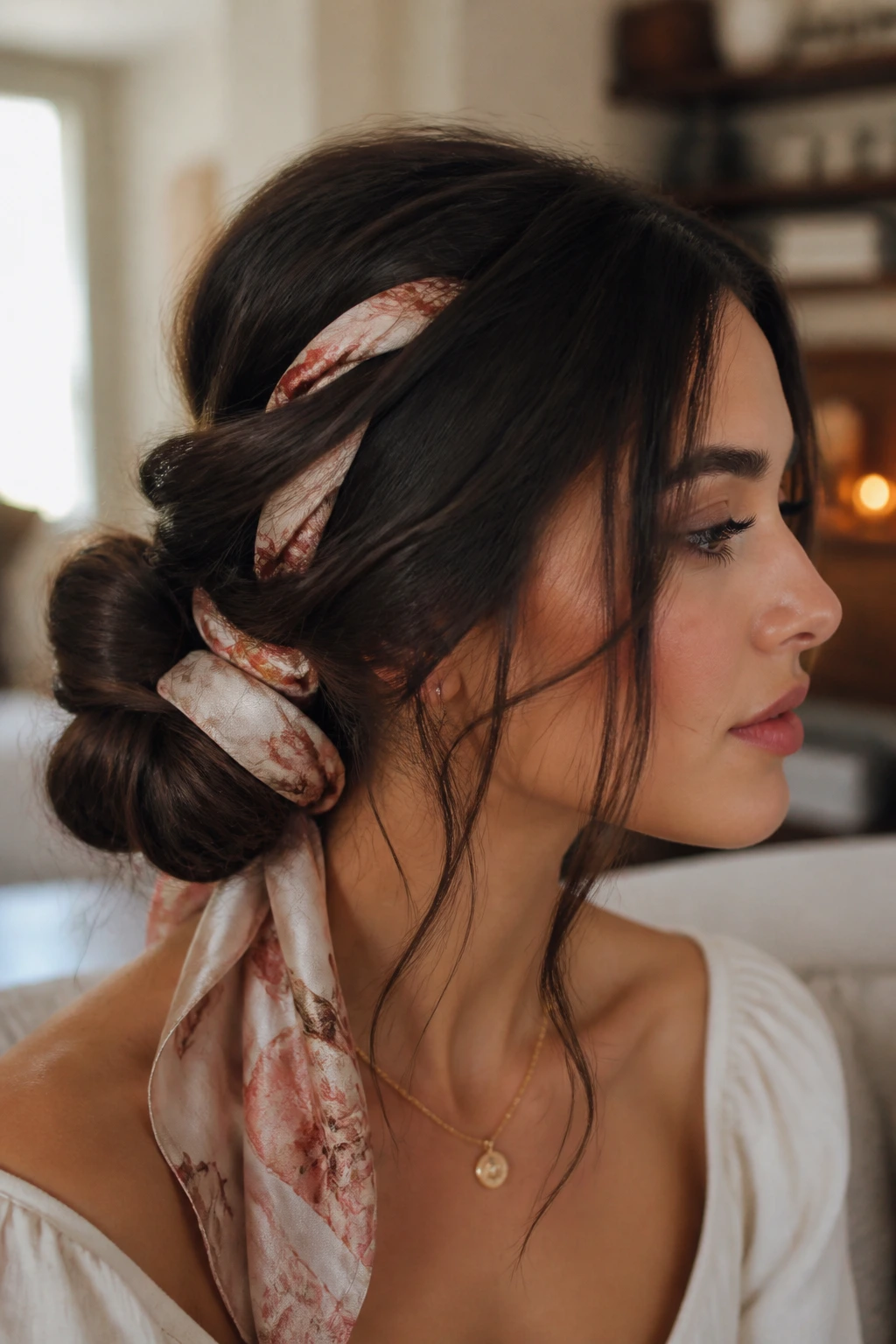 Portrait of woman with scarf-woven low bun in warm daylight