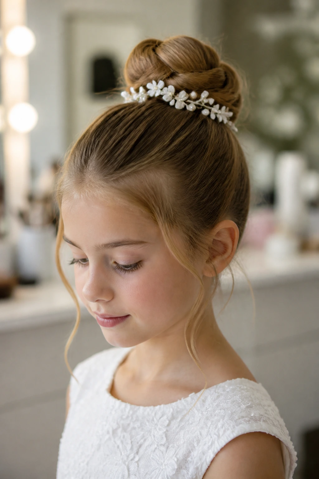 Close-up of a real child with a bun in a prep room setting
