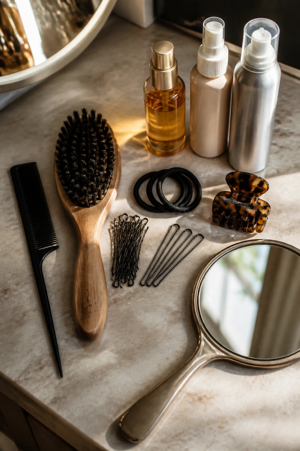 Top-down still life of essential hair tools for low buns neatly arranged on a vanity.