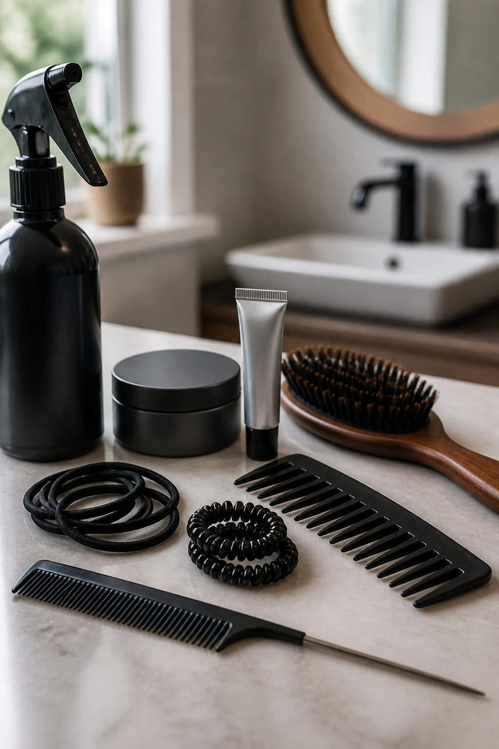 Close-up of essential hair tools for men’s bun hairstyles on a bathroom counter