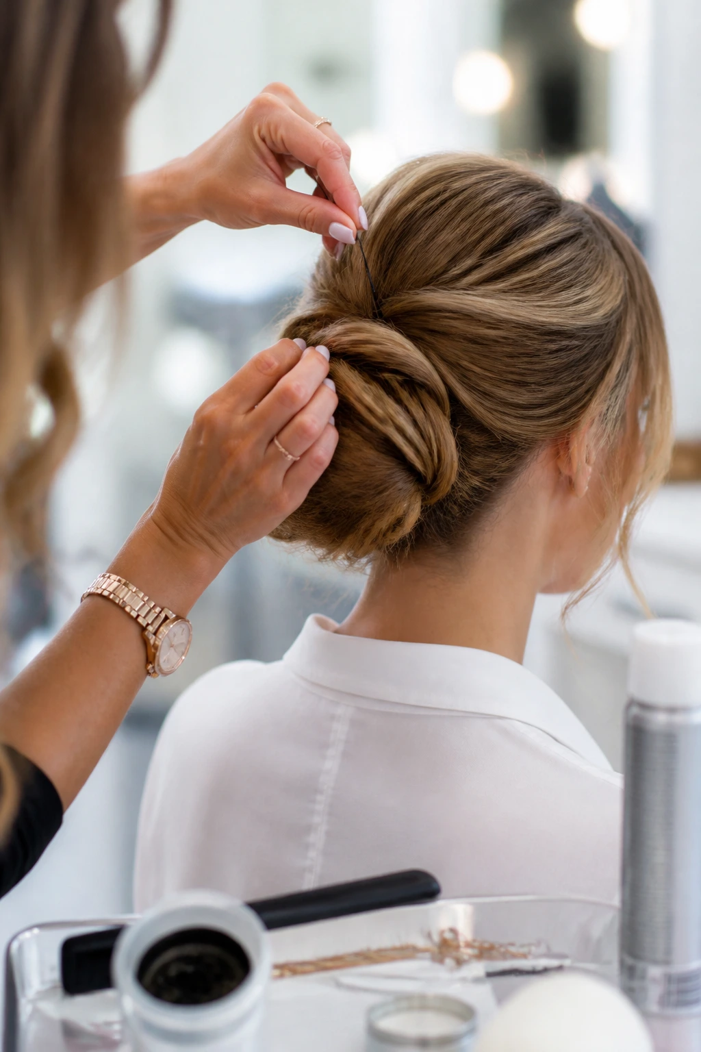 Hands using bun tools to shape a bridesmaid bun in salon