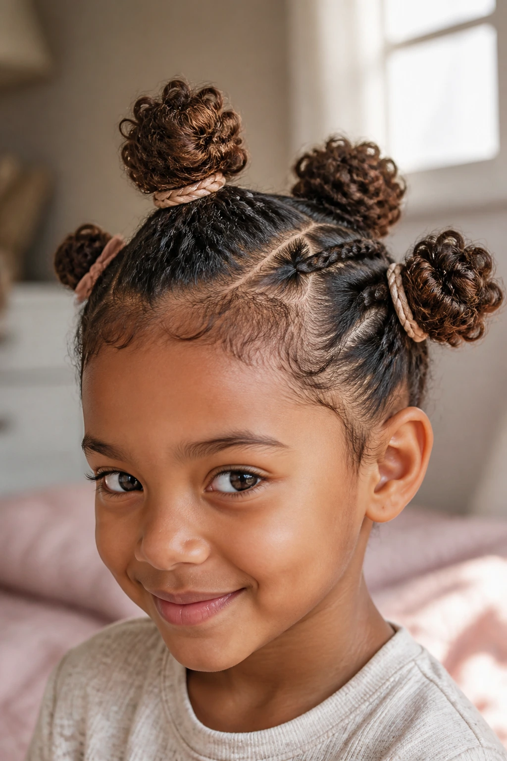 Close-up of a child with a multi-bun hairstyle showcasing variations in bun styling