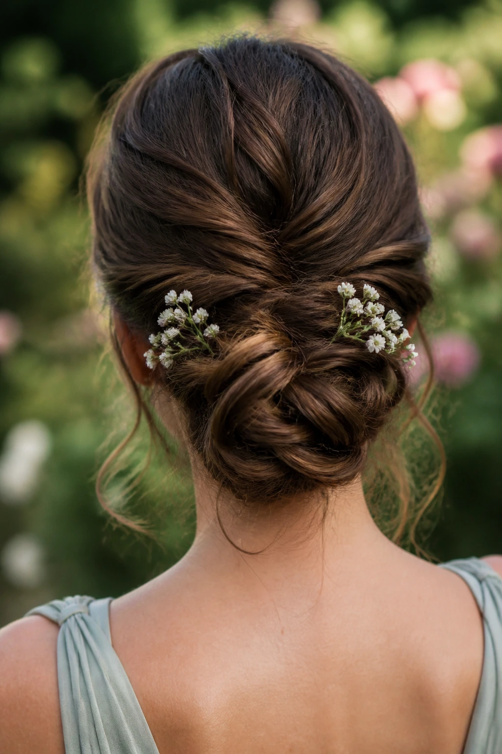 Textured bun with baby’s breath pinned in a garden setting