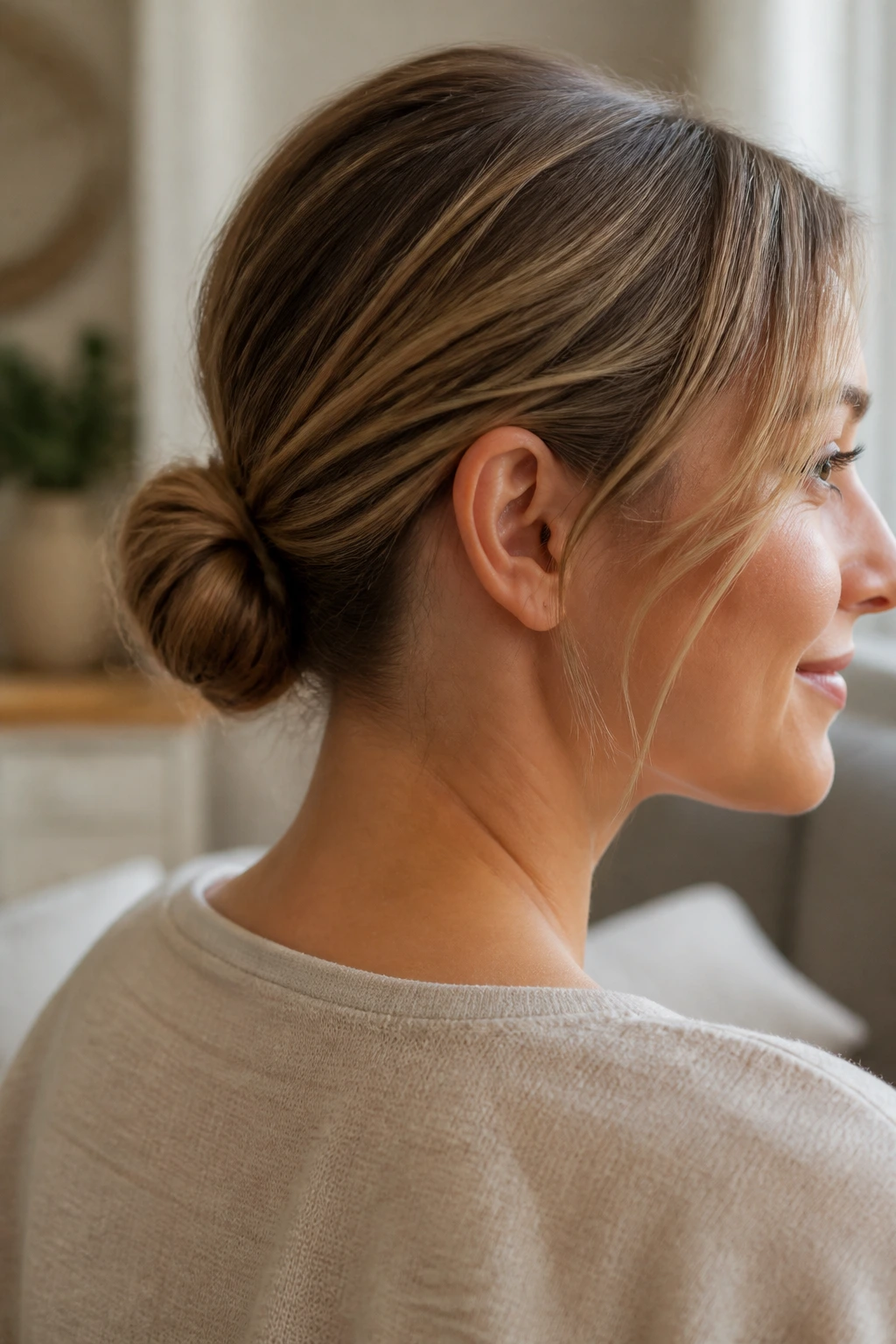 Portrait of a woman with a compact bun suitable for different hair types.