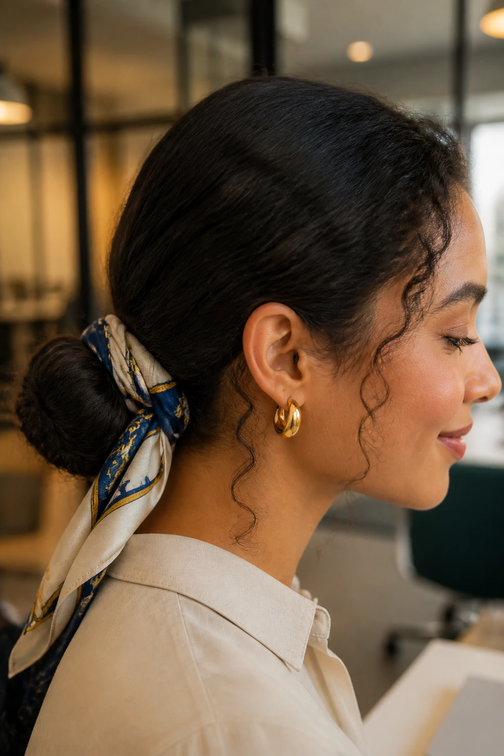 Close-up of a real person wearing a low sleek bun with a silk scarf wrap