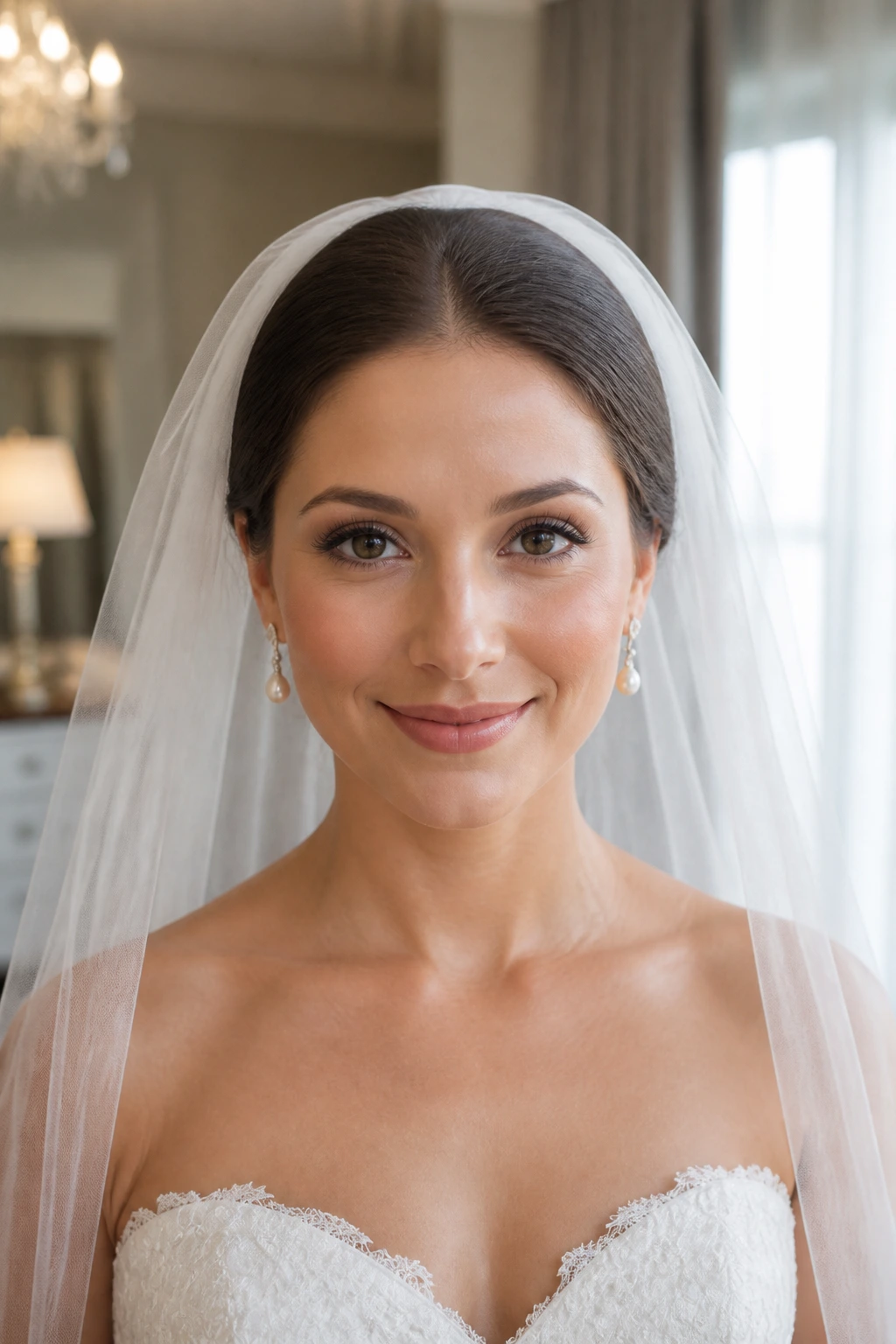 Close-up of a real bride's smooth low bun under a veil in a bridal suite