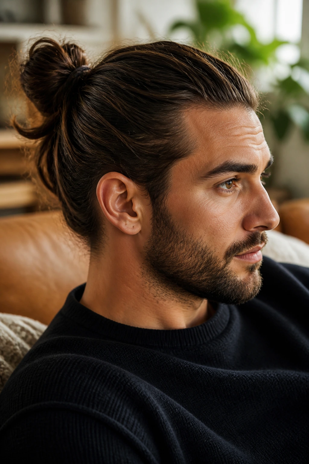 Man with bun in a cozy indoor setting showing versatility