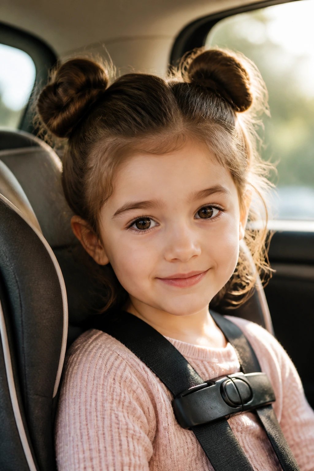 Close-up of a real girl with two neat buns in a car interior
