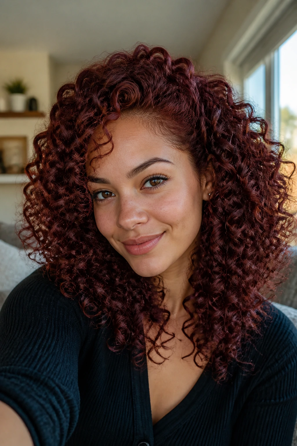 Close-up of burgundy auburn curls on a real person
