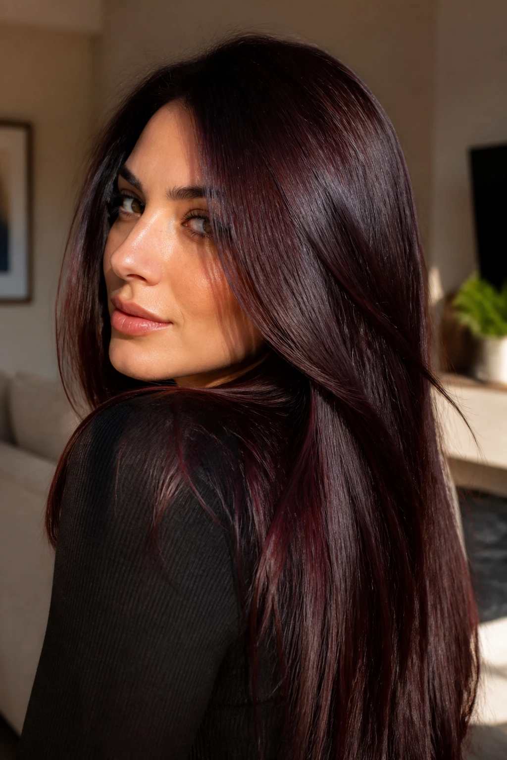 Close-up portrait of a real person with burgundy-black hair