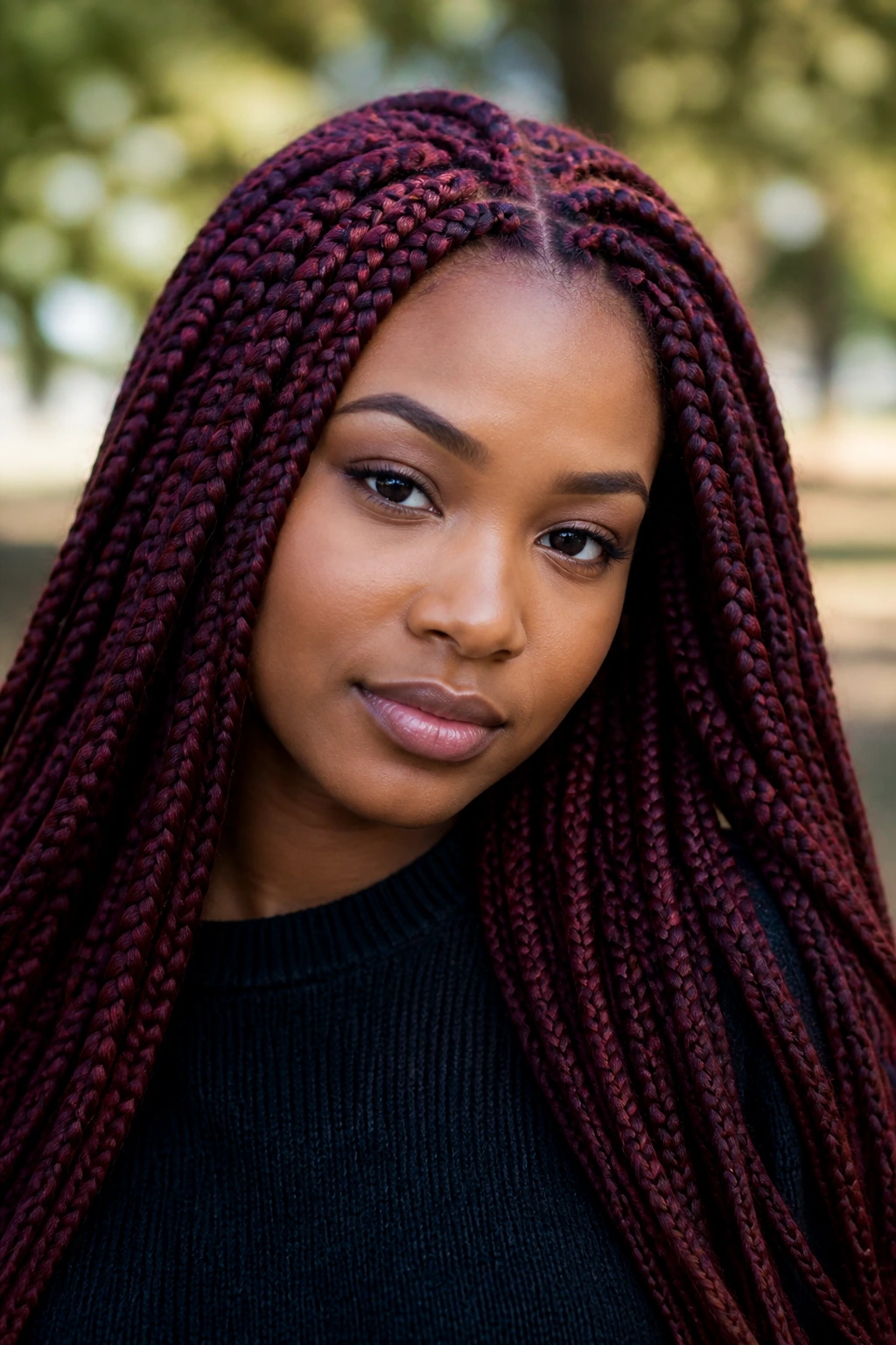 Close-up portrait of a woman with burgundy box braids showing texture and color.