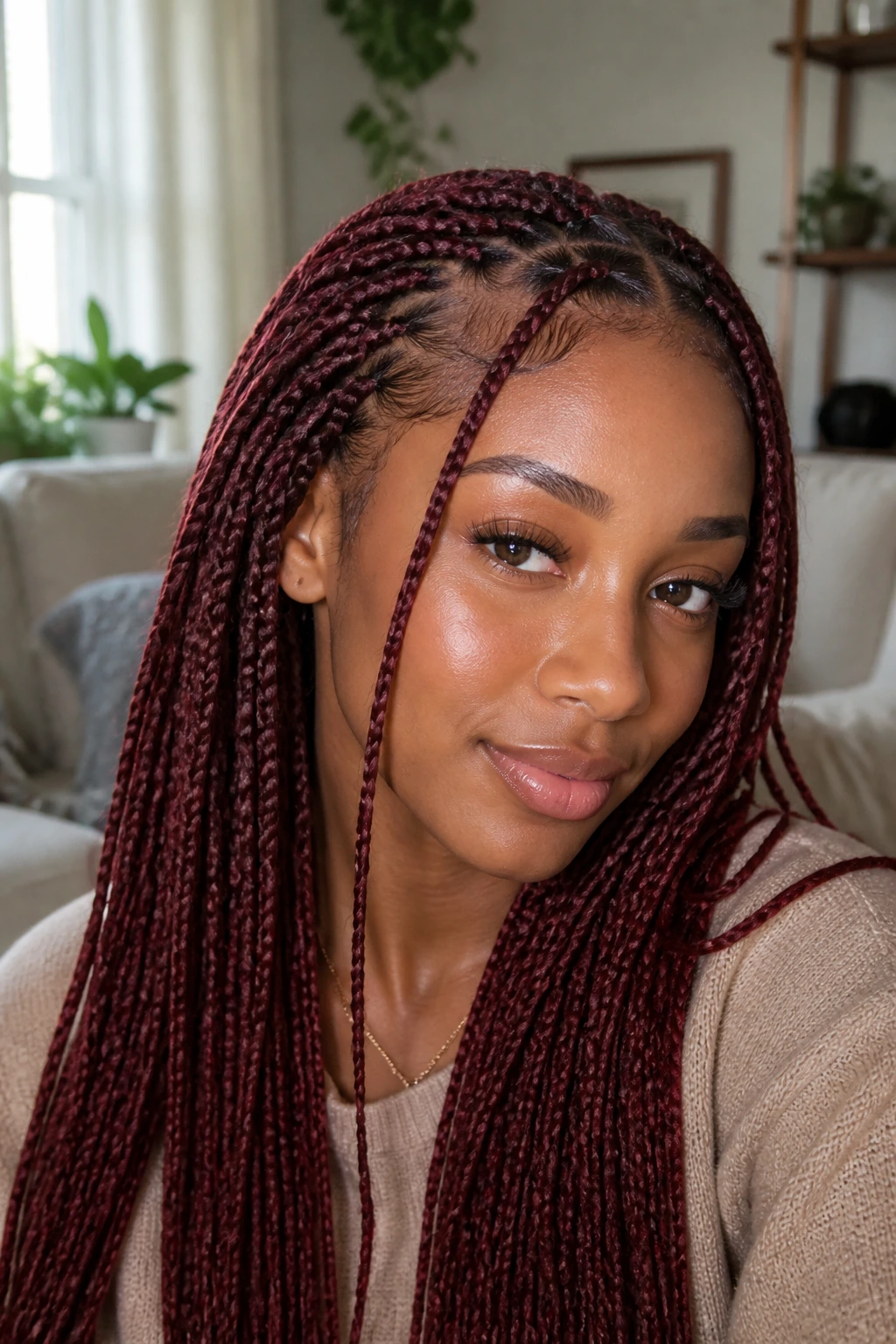 Close-up of burgundy knotless braids with a side-part face-framing braid