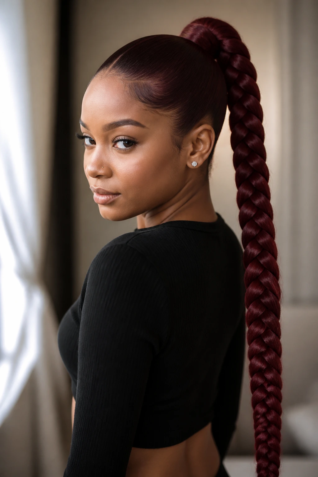 Close-up portrait of a real woman with a burgundy braided ponytail
