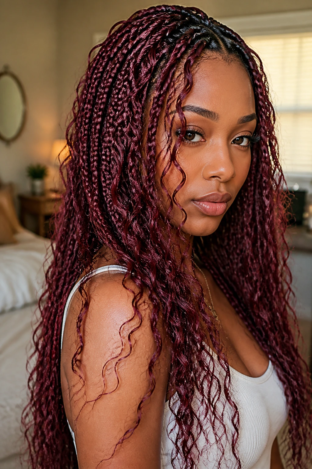 Close-up portrait of a real woman with burgundy boho knotless braids and loose front pieces in warm window light