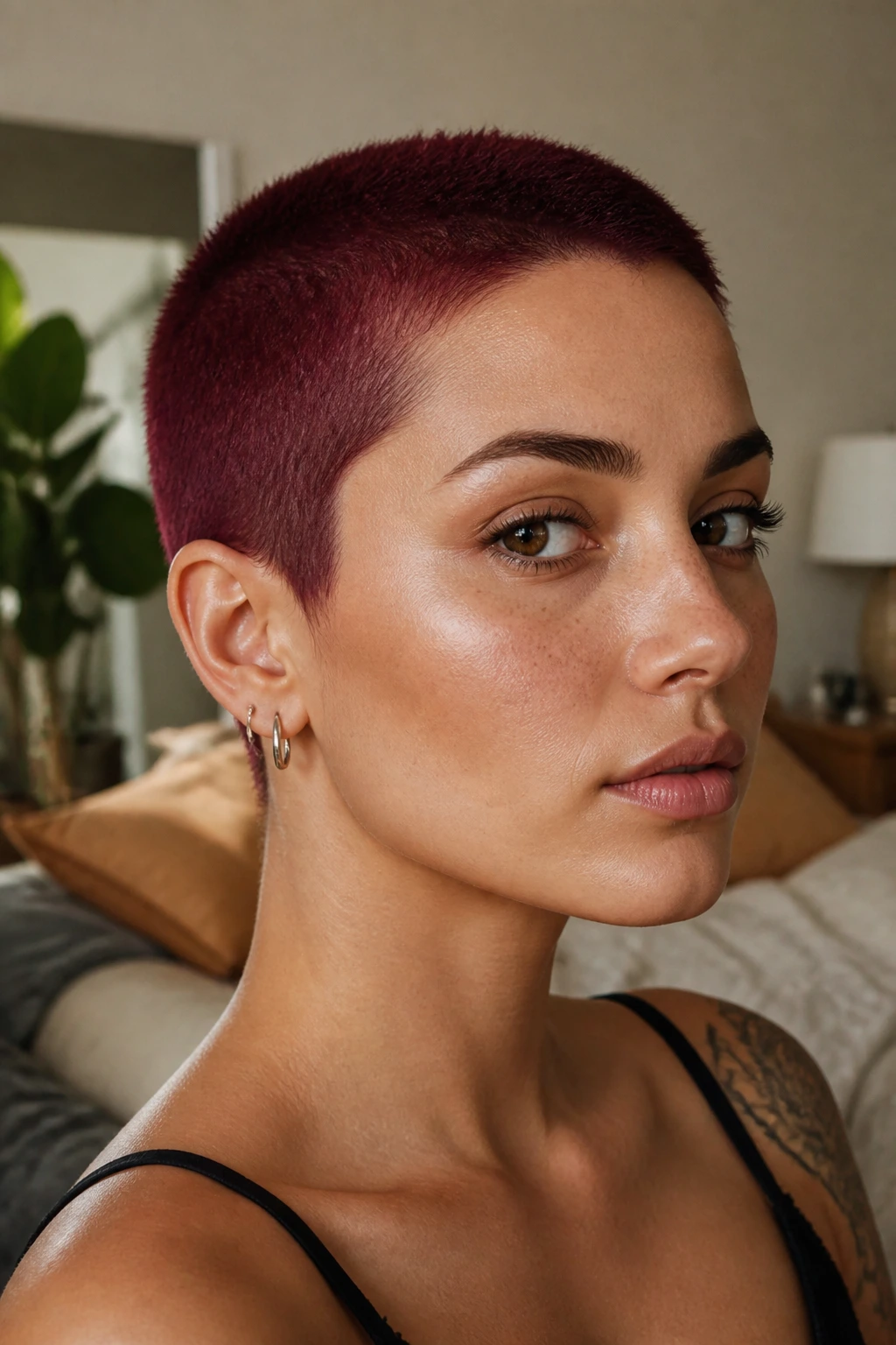 Close-up portrait of a real person with burgundy buzz cut in warm bedroom light