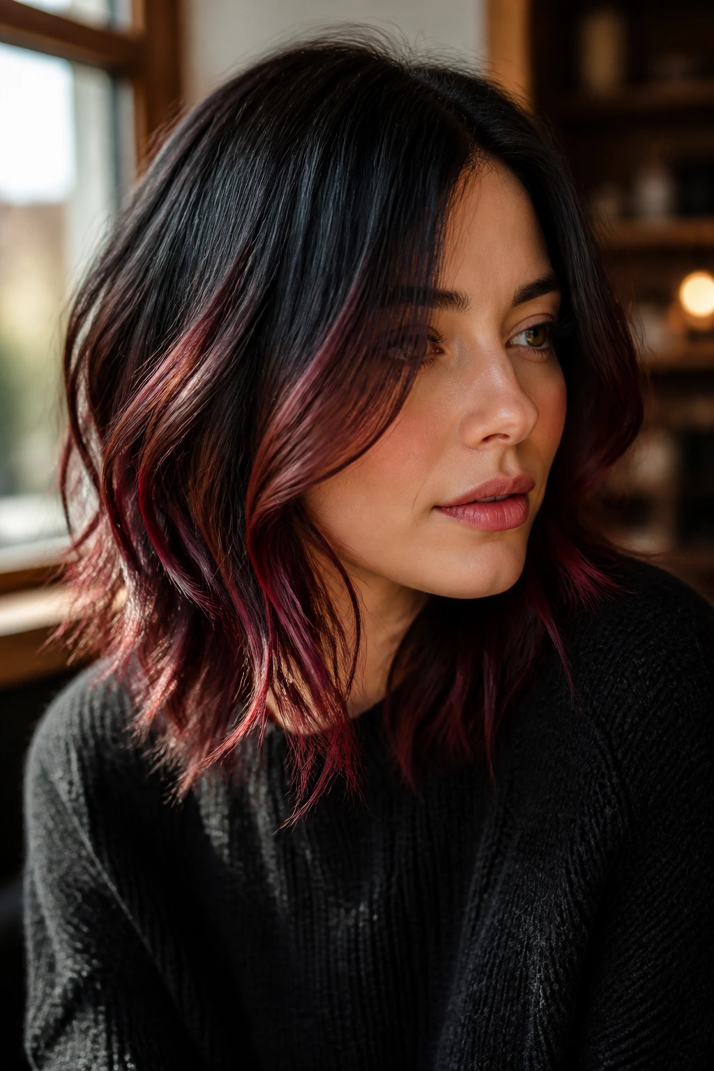 Close-up of a real woman with Burgundy Cherry Shadow hair, dark roots fading to burgundy ends in autumn light