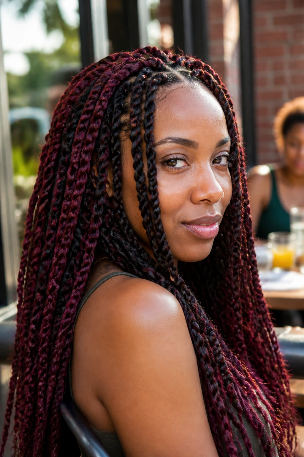 Close-up of a real woman's burgundy color-block passion twists filling the frame