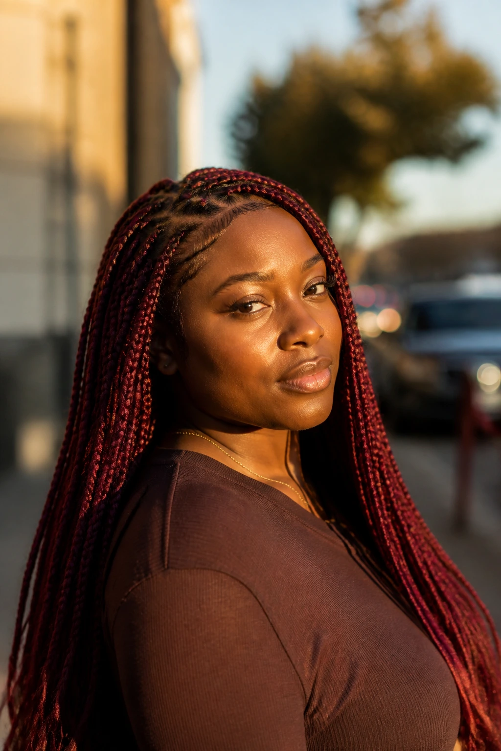 Portrait of a real woman with burgundy knotless braids outdoors in golden hour light