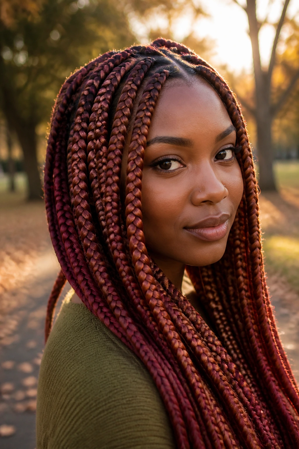 Close-up of a real woman with burgundy and copper jumbo box braids