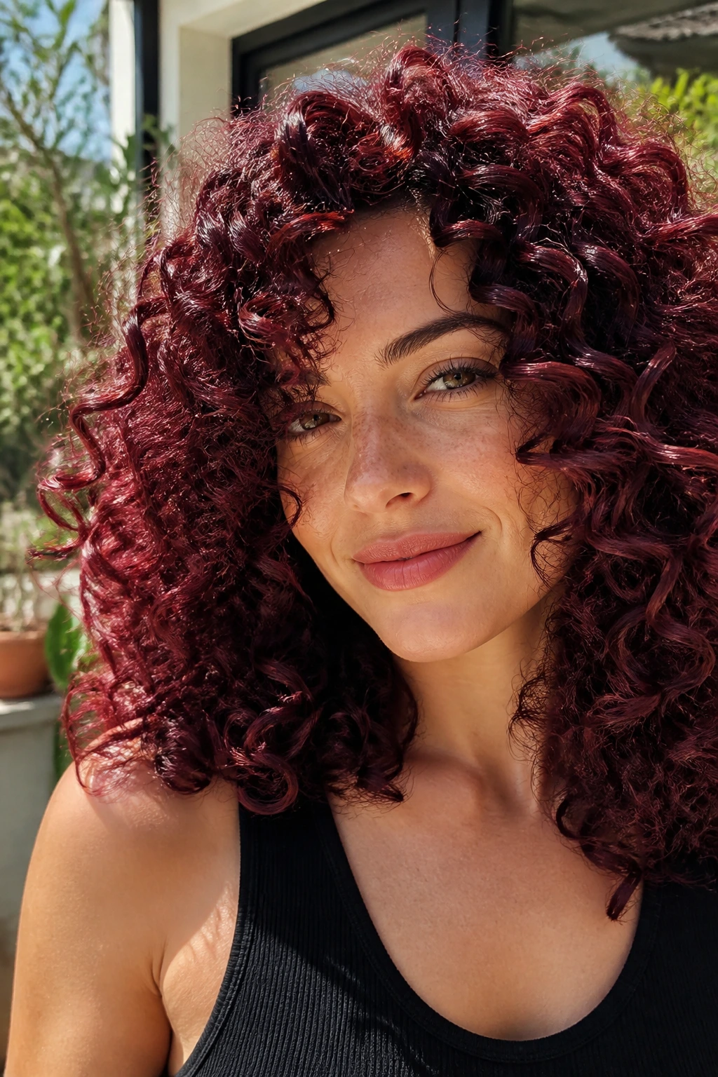 Real woman with burgundy curls in natural sunlight