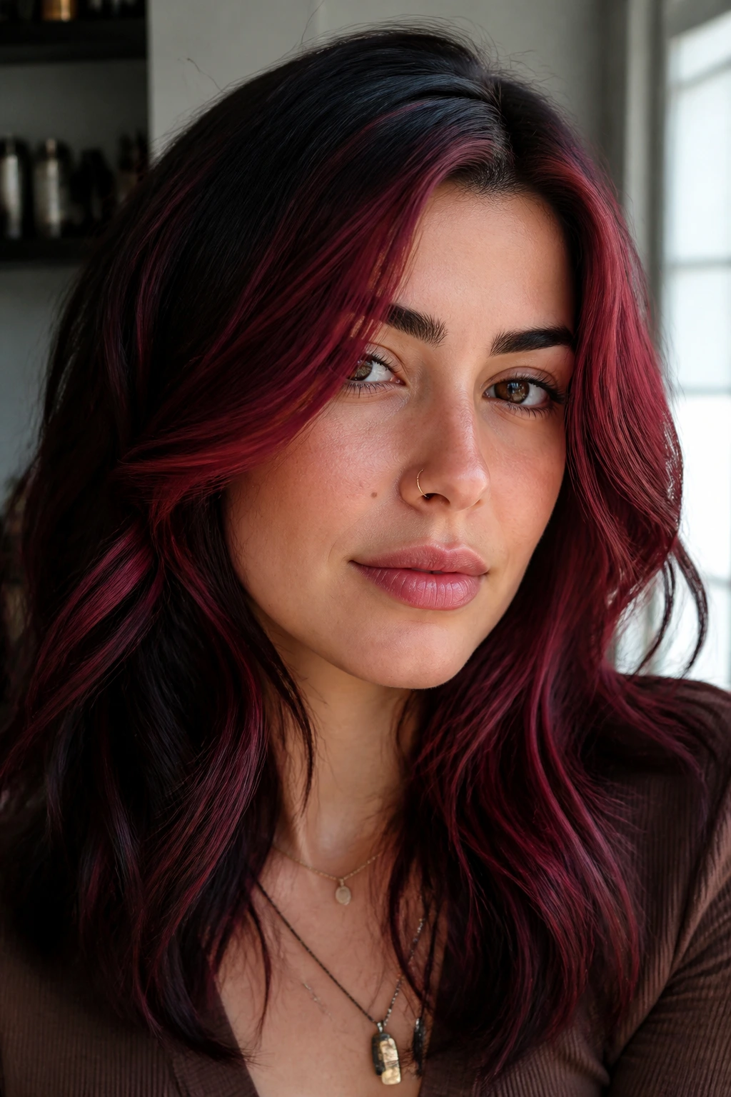 Close-up portrait of burgundy and cherry face-frame on dark hair