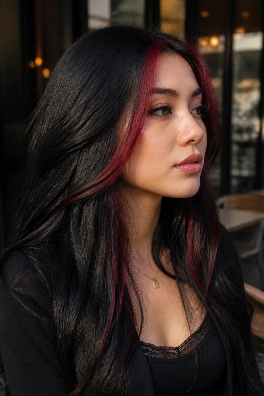 Black hair with burgundy face-framing strips on a real person