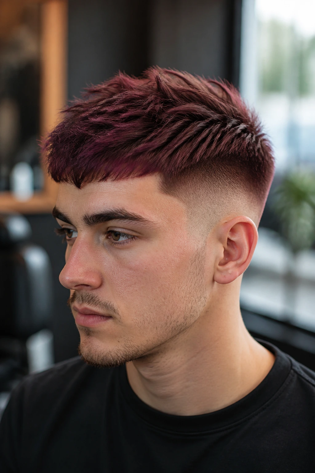 Close-up portrait of a man with burgundy fade and textured top in natural light